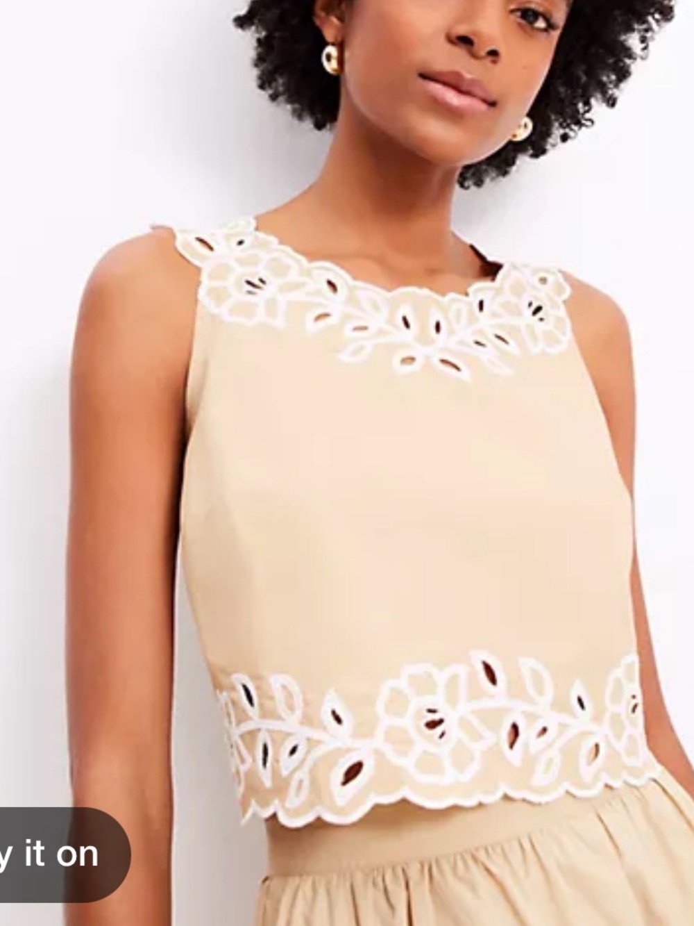 LOFT Beige Cropped Shell Top with White Floral Cutwork